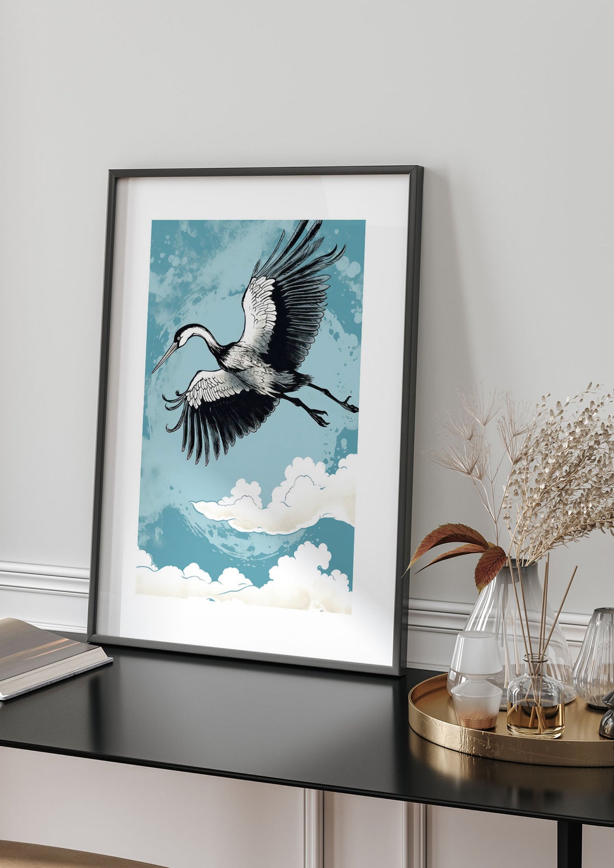 Crane Against Calm Blue Sky in Black Ink