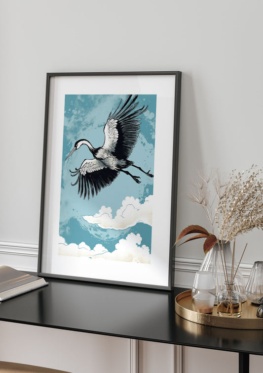 Crane Against Calm Blue Sky in Black Ink