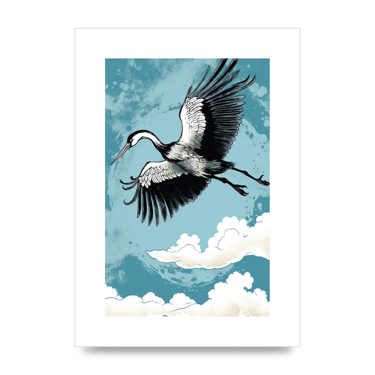 Crane Against Calm Blue Sky in Black Ink