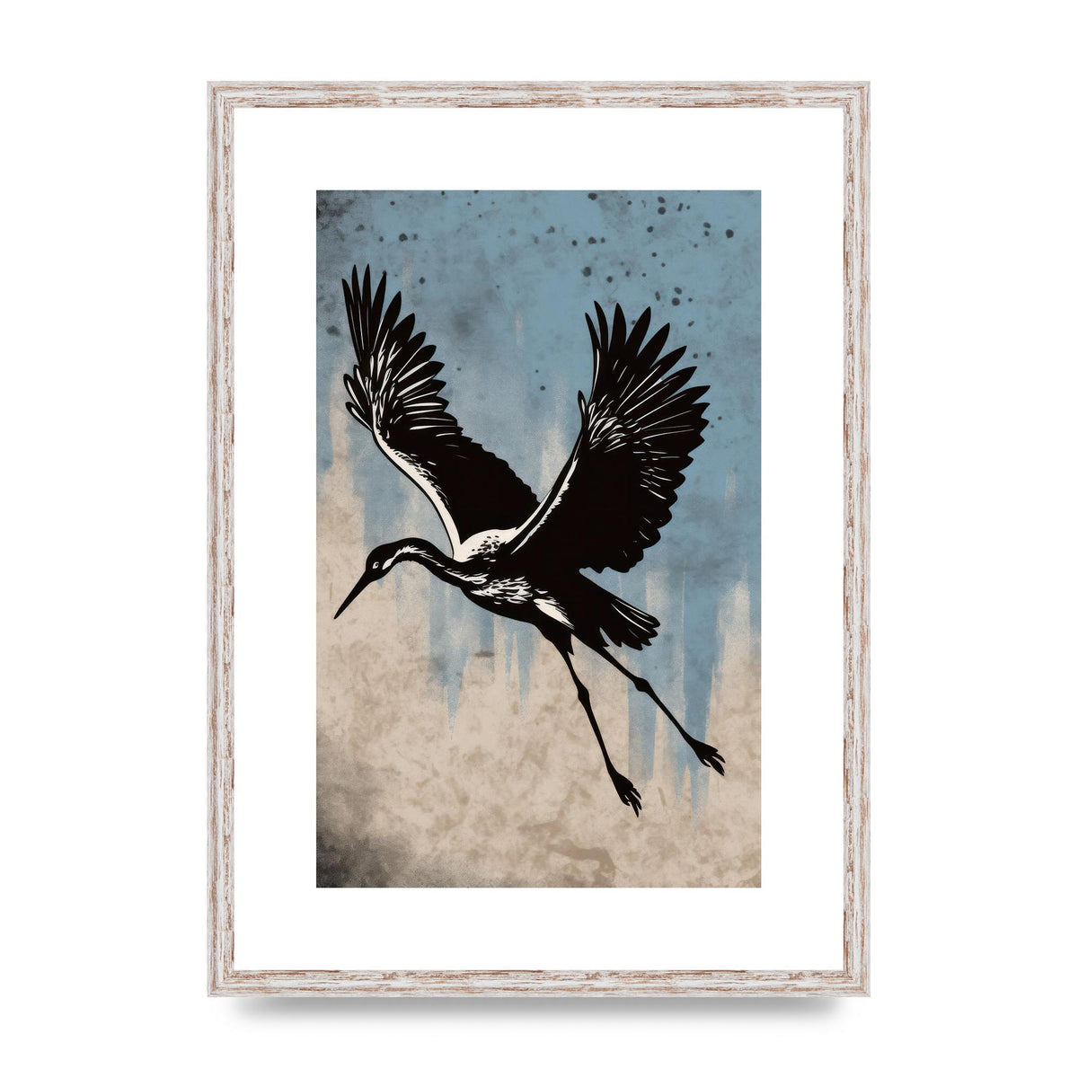 Tranquil Blue Canvas with Crane Silhouette
