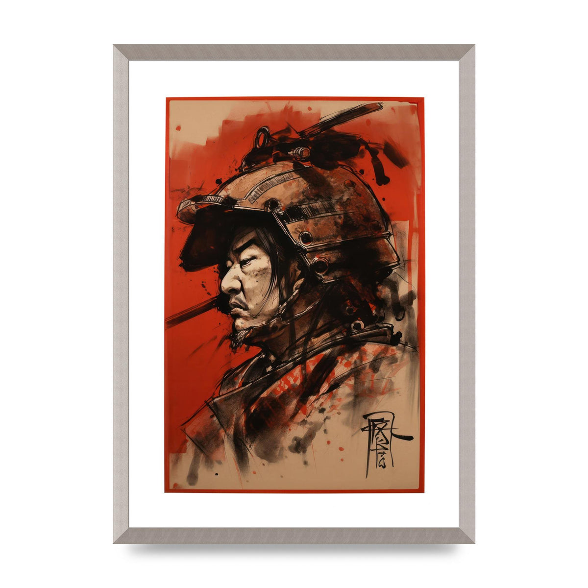 Samurai Profile on Deep Red Canvas