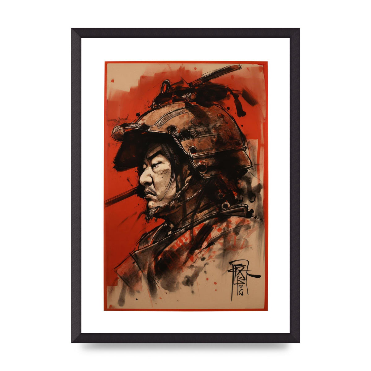Samurai Profile on Deep Red Canvas