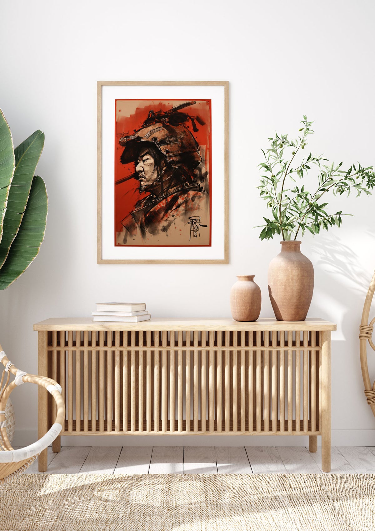 Samurai Profile on Deep Red Canvas