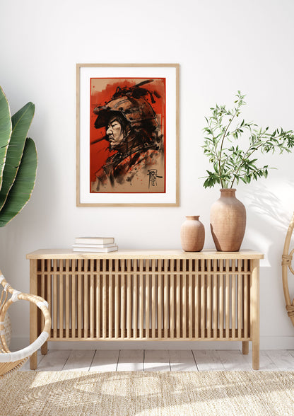 Samurai Profile on Deep Red Canvas