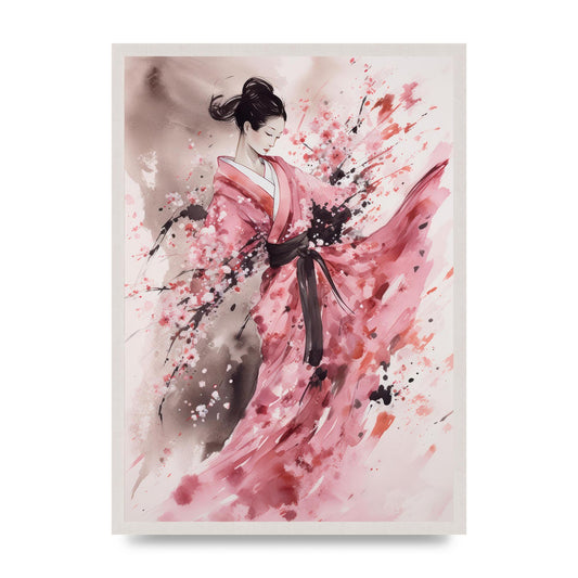 Graceful Dancing Woman in Cherry Blossom Kimono, print in an A2 white saw cut grain frame