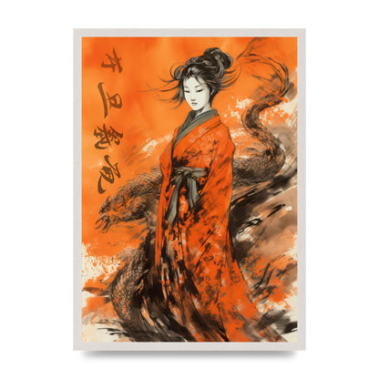 Vibrant Sumi-e Woman in Kimono with Dragon