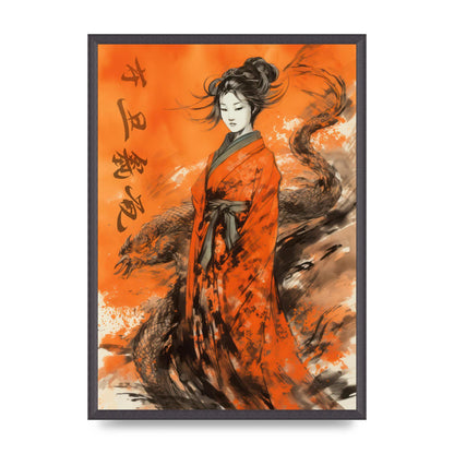 Vibrant Sumi-e Woman in Kimono with Dragon