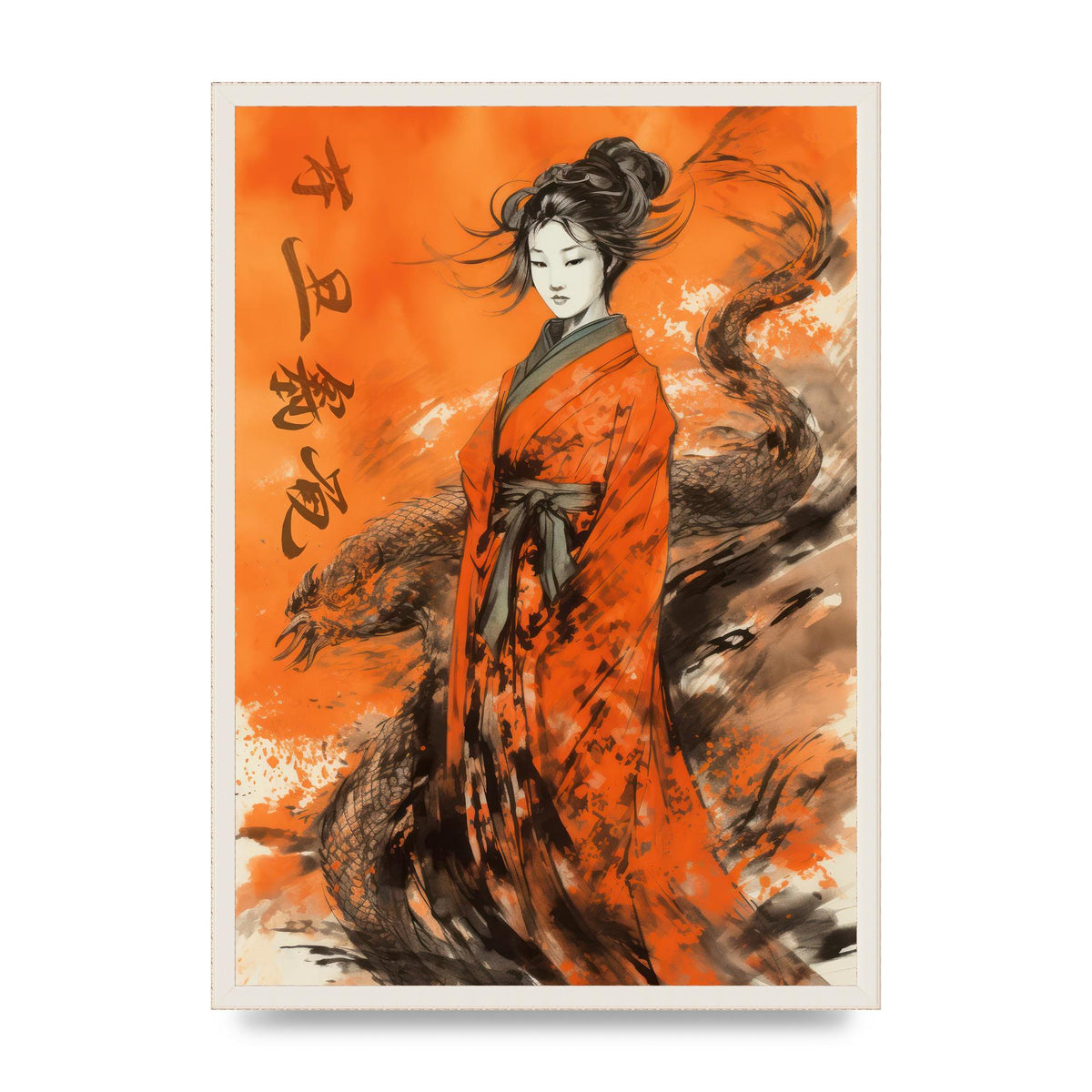 Vibrant Sumi-e Woman in Kimono with Dragon