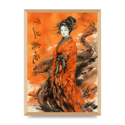 Vibrant Sumi-e Woman in Kimono with Dragon