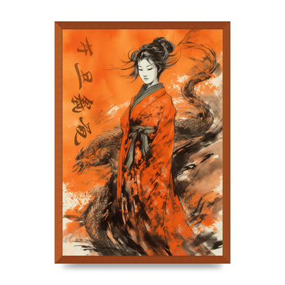 Vibrant Sumi-e Woman in Kimono with Dragon