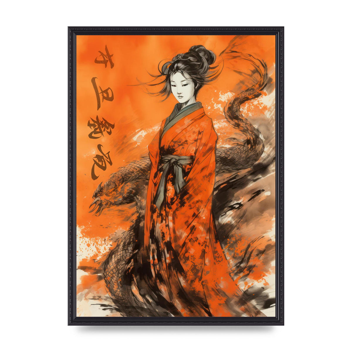 Vibrant Sumi-e Woman in Kimono with Dragon