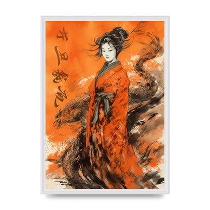 Vibrant Sumi-e Woman in Kimono with Dragon