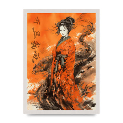 Vibrant Sumi-e Woman in Kimono with Dragon