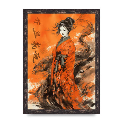 Vibrant Sumi-e Woman in Kimono with Dragon
