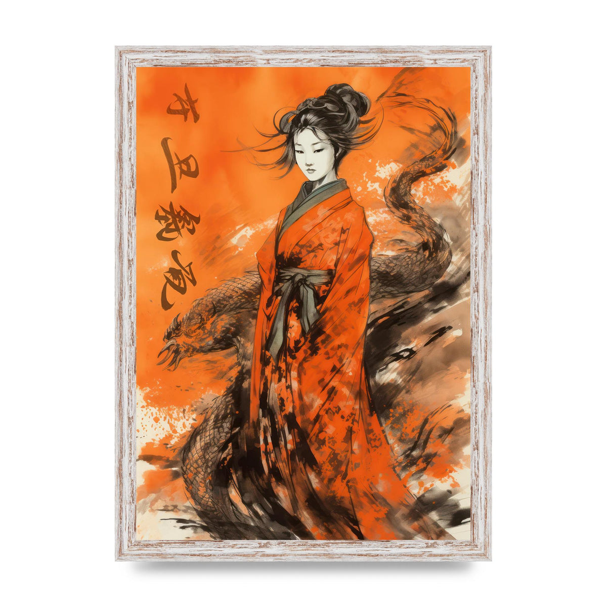 Vibrant Sumi-e Woman in Kimono with Dragon