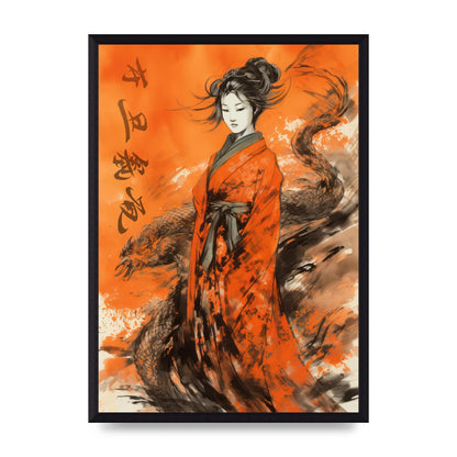Vibrant Sumi-e Woman in Kimono with Dragon