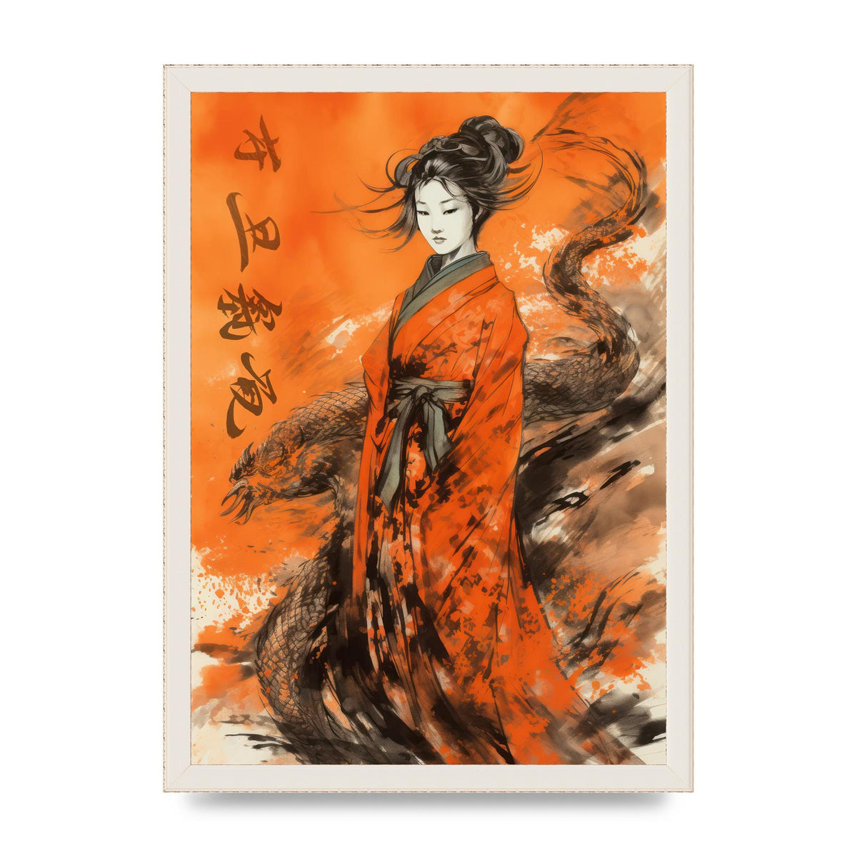 Vibrant Sumi-e Woman in Kimono with Dragon