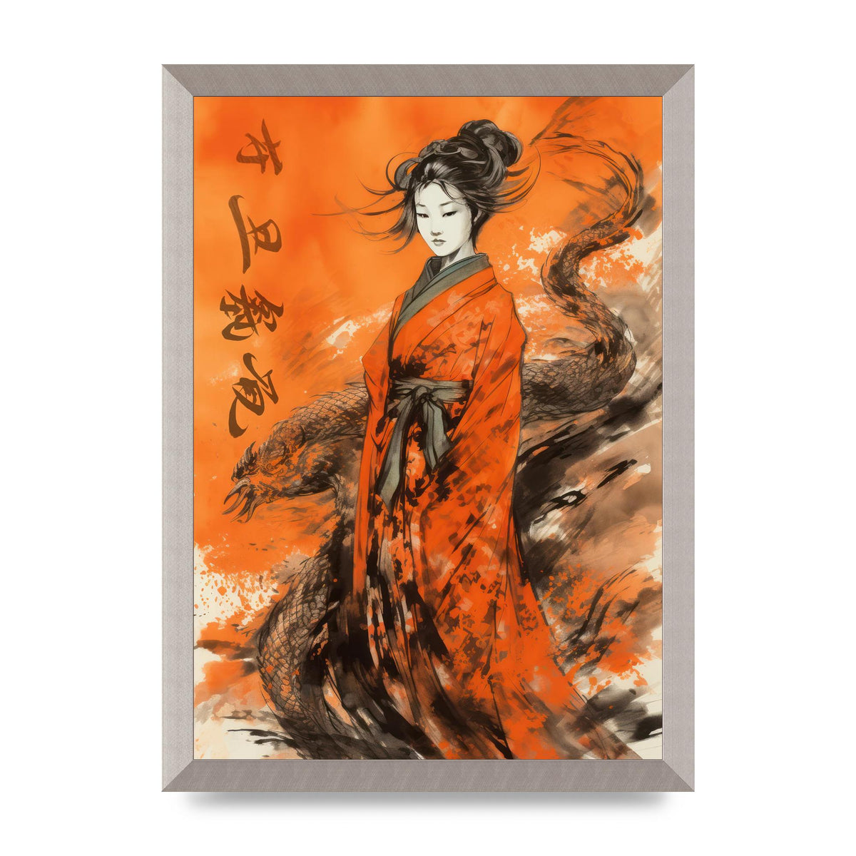 Vibrant Sumi-e Woman in Kimono with Dragon