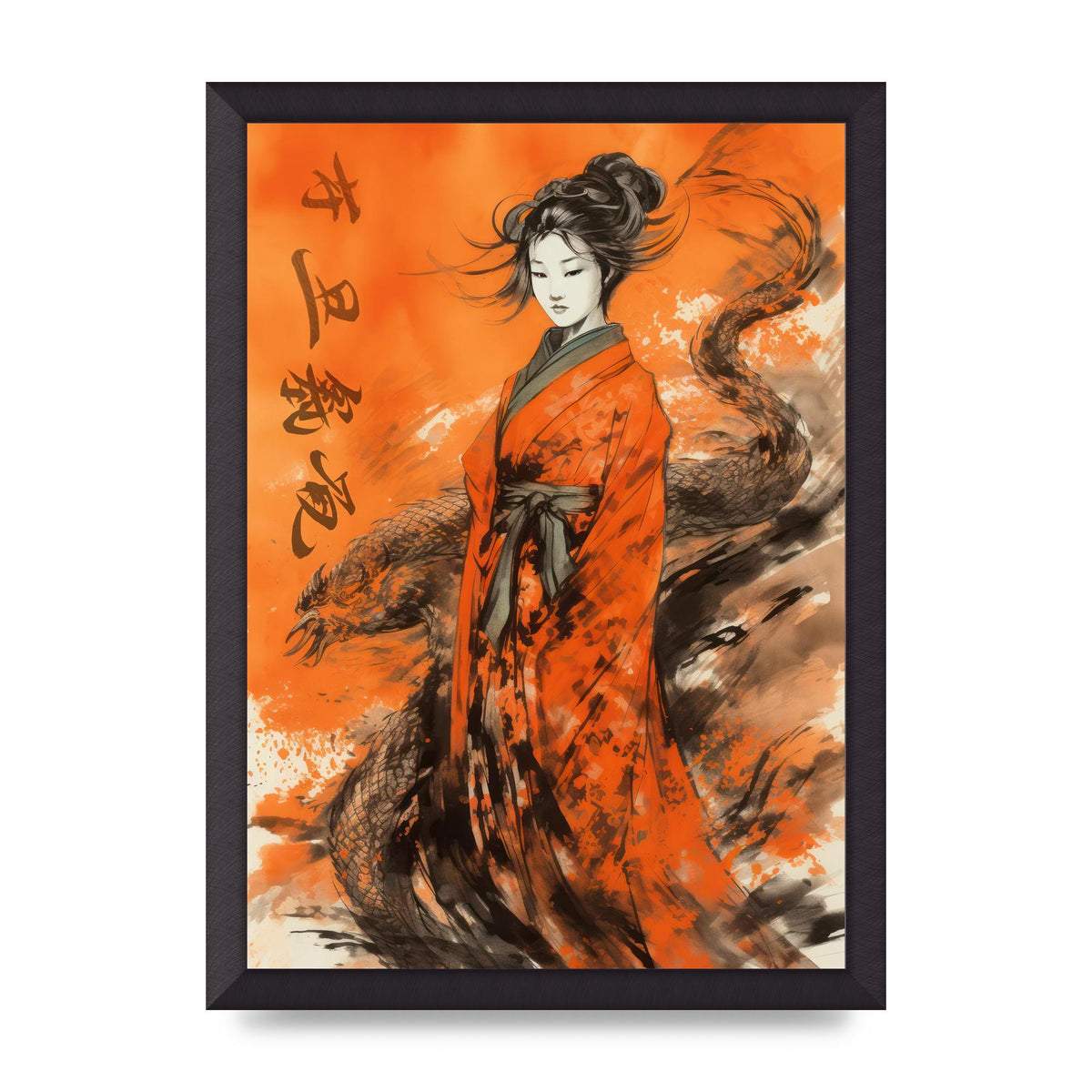 Vibrant Sumi-e Woman in Kimono with Dragon
