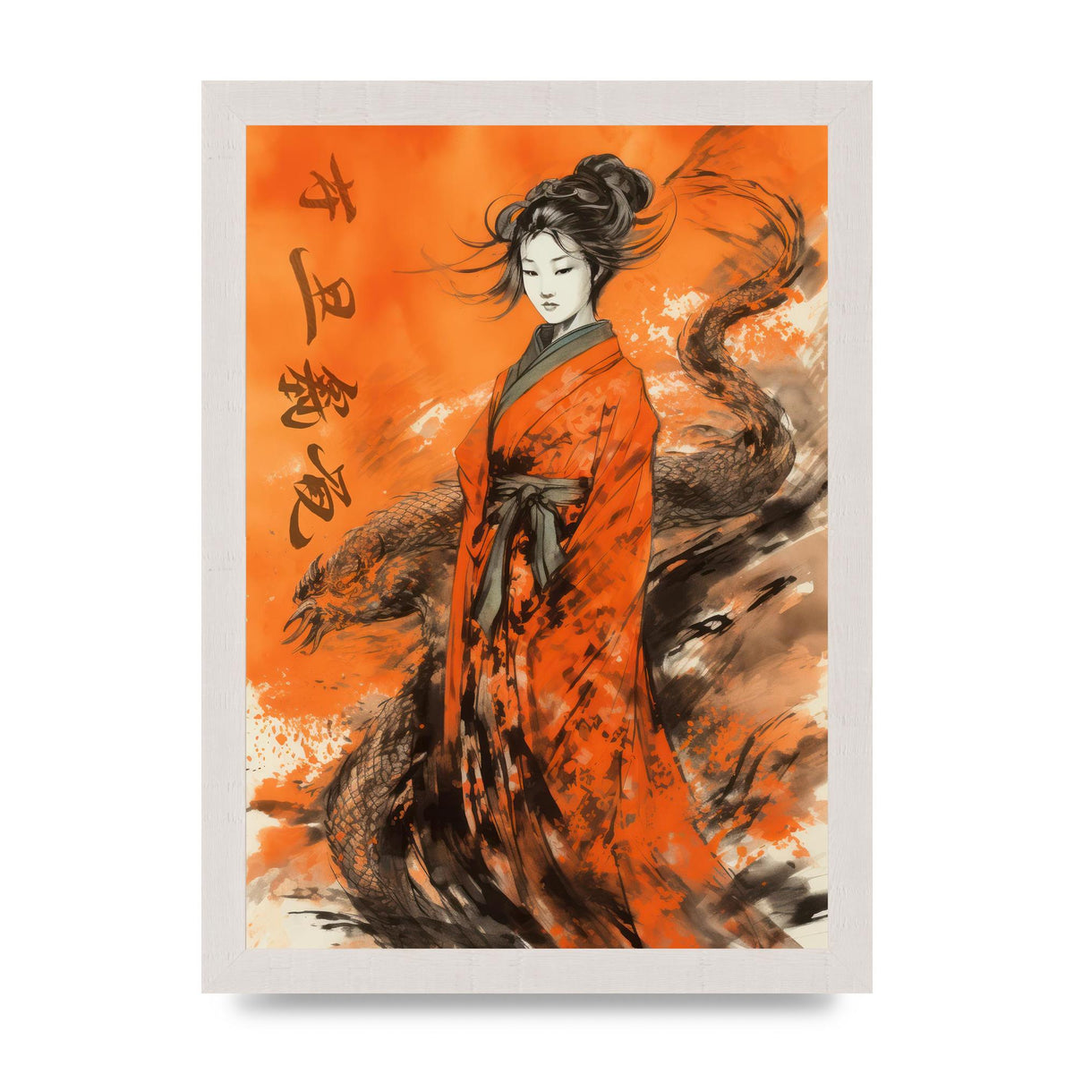 Vibrant Sumi-e Woman in Kimono with Dragon