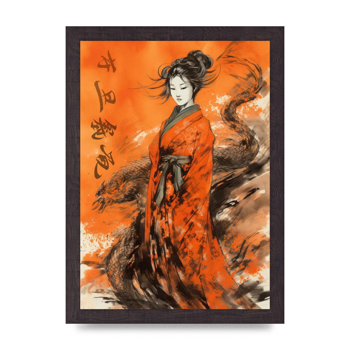Vibrant Sumi-e Woman in Kimono with Dragon
