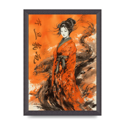 Vibrant Sumi-e Woman in Kimono with Dragon
