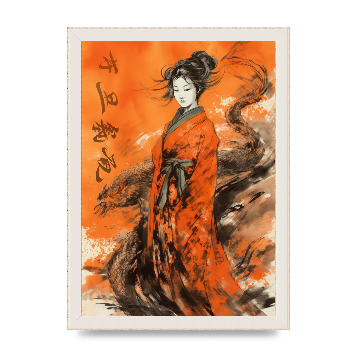 Vibrant Sumi-e Woman in Kimono with Dragon