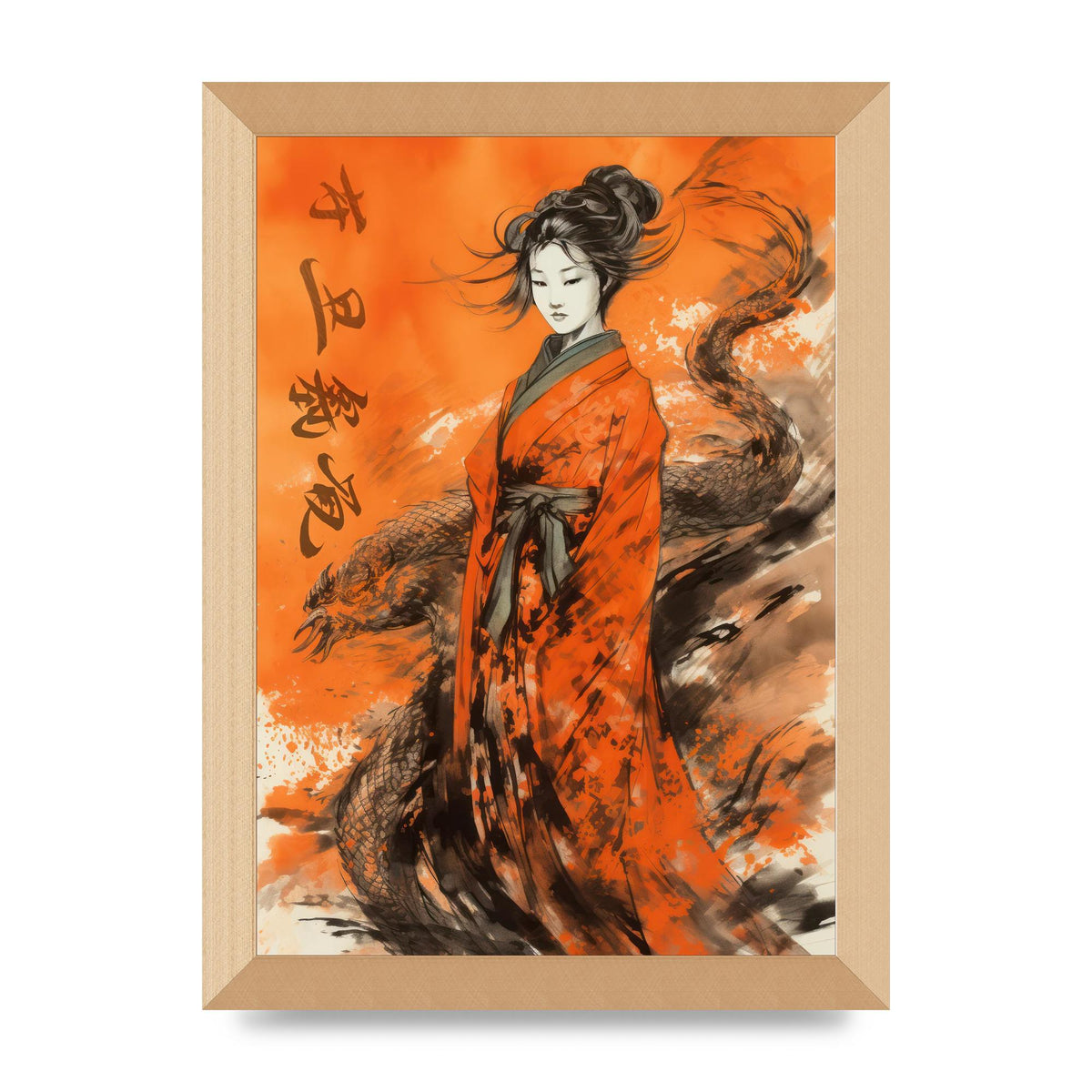 Vibrant Sumi-e Woman in Kimono with Dragon