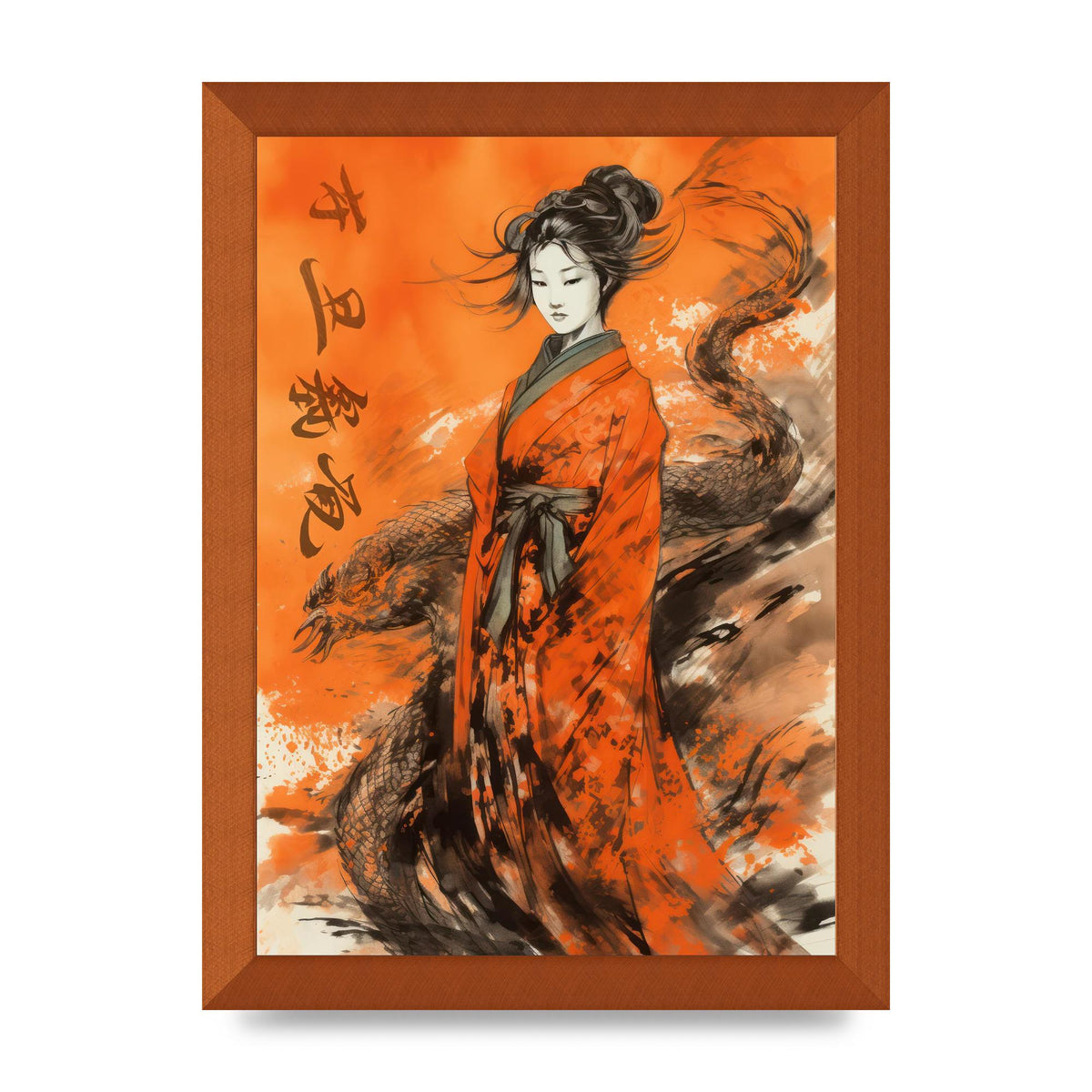 Vibrant Sumi-e Woman in Kimono with Dragon