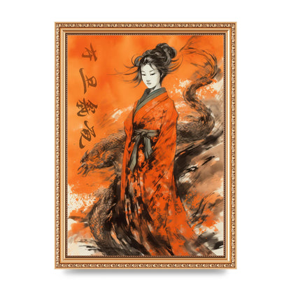 Vibrant Sumi-e Woman in Kimono with Dragon