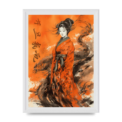 Vibrant Sumi-e Woman in Kimono with Dragon