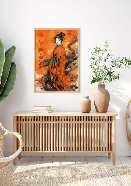 Vibrant Sumi-e Woman in Kimono with Dragon