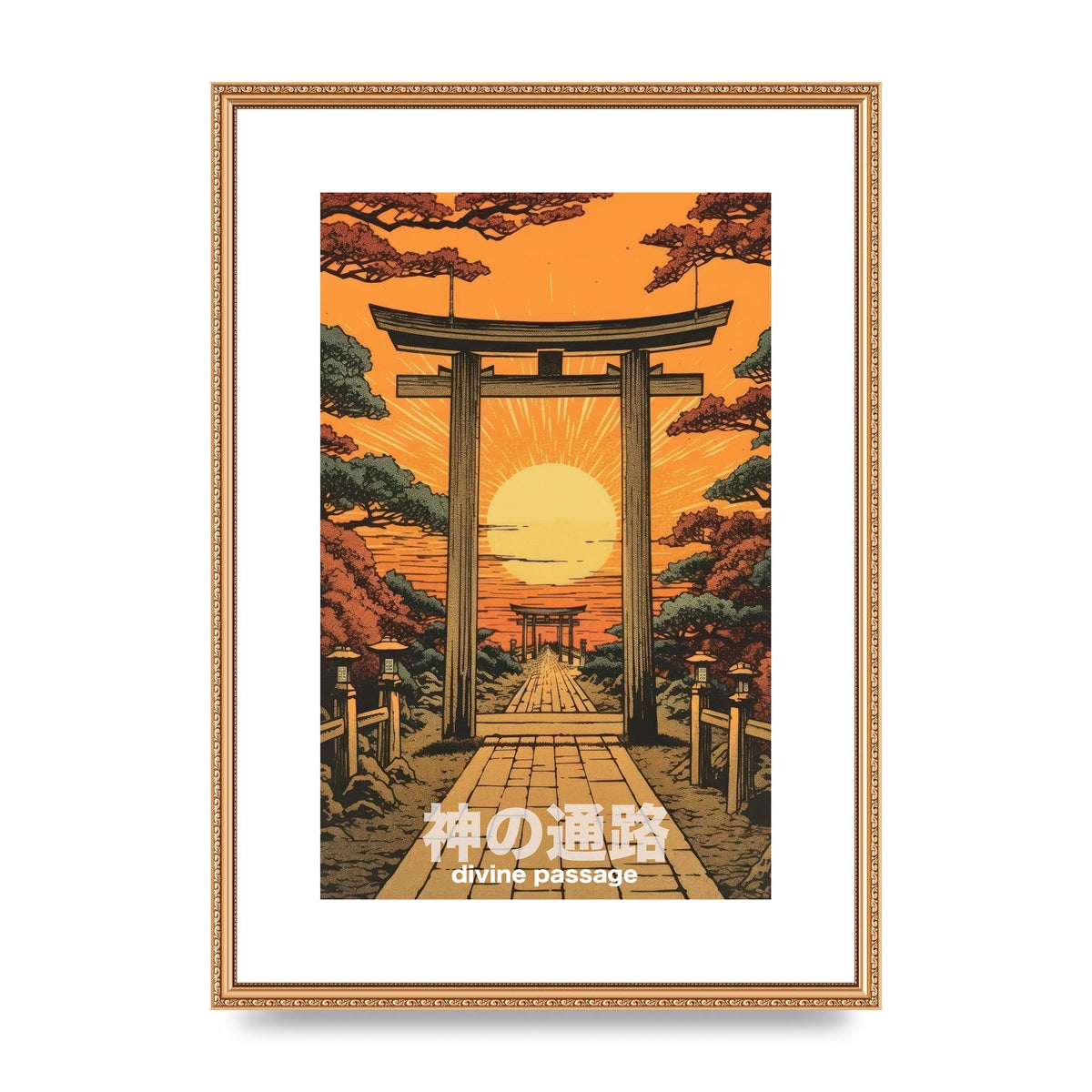 Scenic Path Woodblock Print with Torii Gates