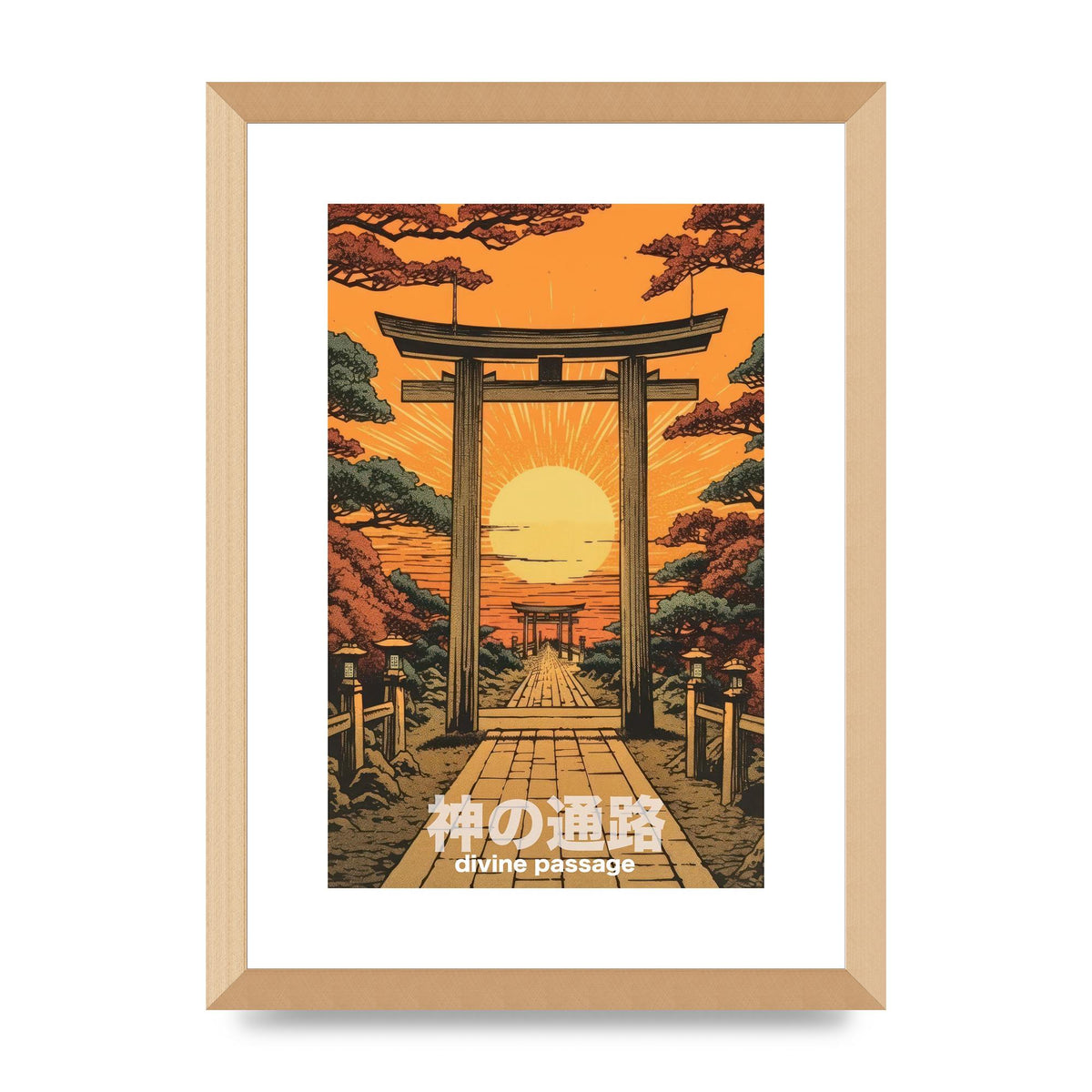Scenic Path Woodblock Print with Torii Gates