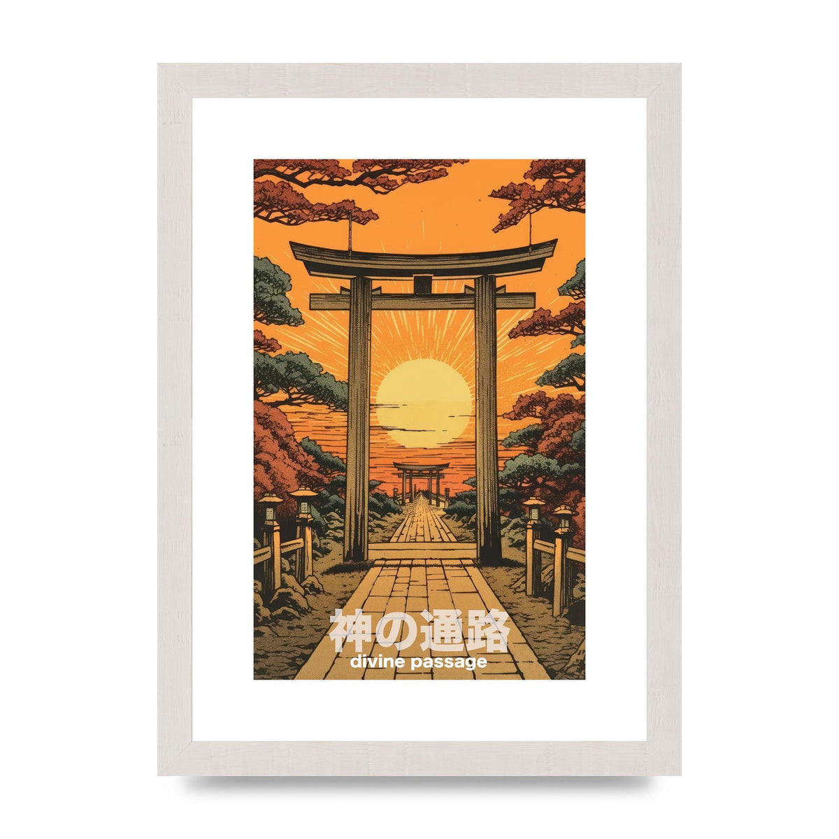 Scenic Path Woodblock Print with Torii Gates