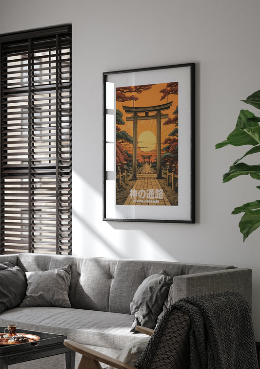 Scenic Path Woodblock Print with Torii Gates