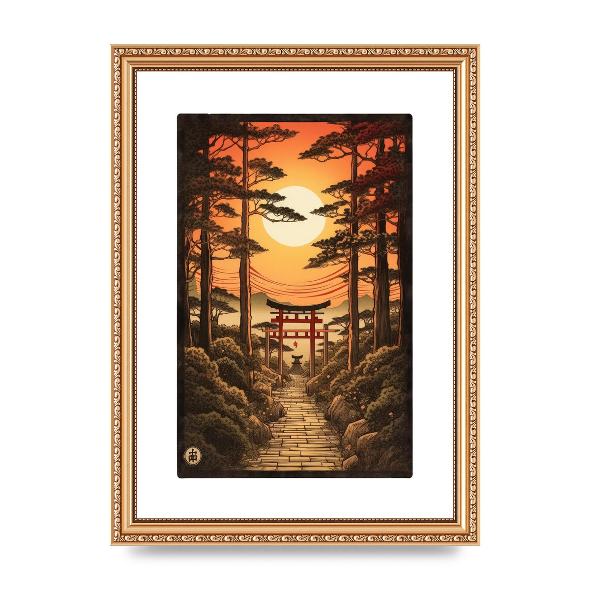 Breathtaking Path Woodblock with Torii Gates
