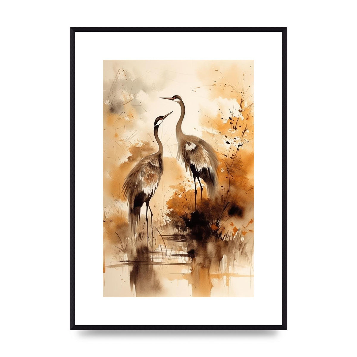 Sumi-e Artwork of Elegant Dancing Cranes