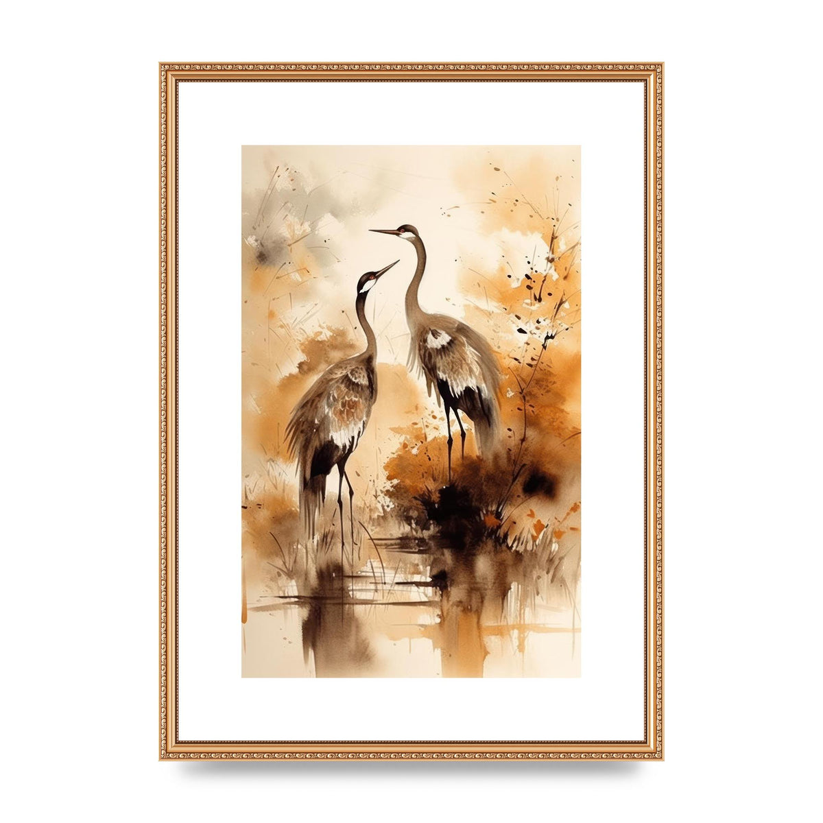Sumi-e Artwork of Elegant Dancing Cranes