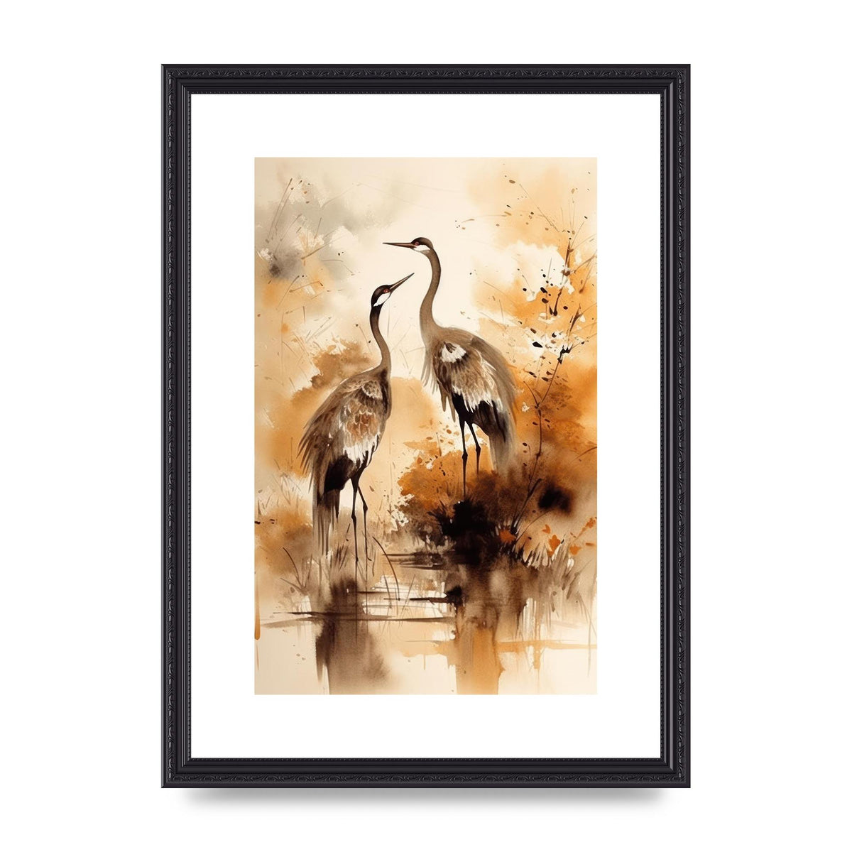 Sumi-e Artwork of Elegant Dancing Cranes