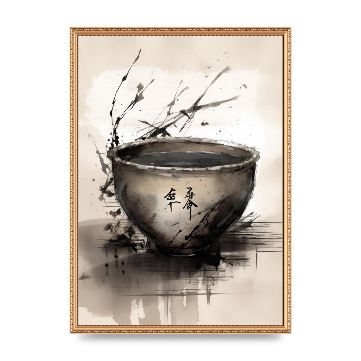 Sumi-e Painting Cracked Teacup Wabi-Sabi