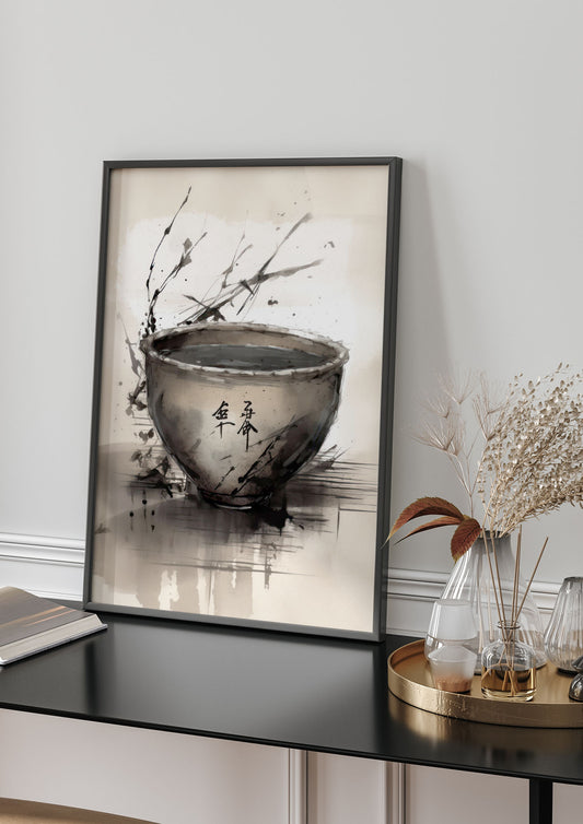 Sumi-e Painting Cracked Teacup Wabi-Sabi