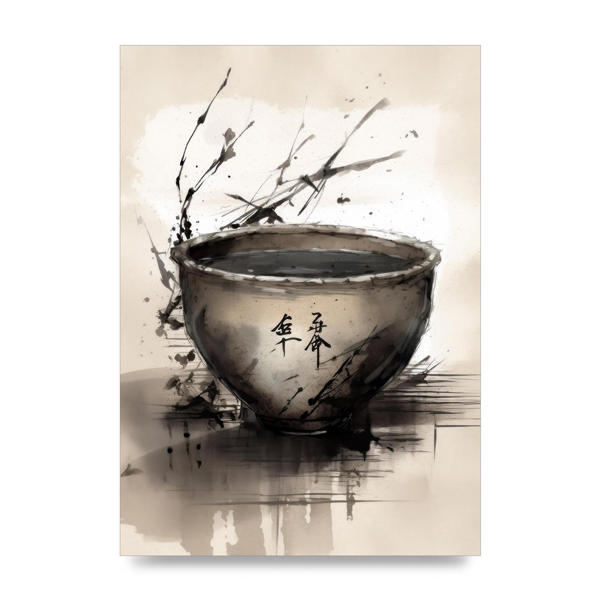 Sumi-e Painting Cracked Teacup Wabi-Sabi