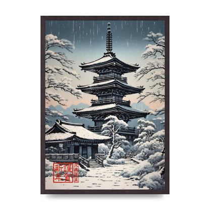 Winter Scene Woodblock Pagoda in Snow