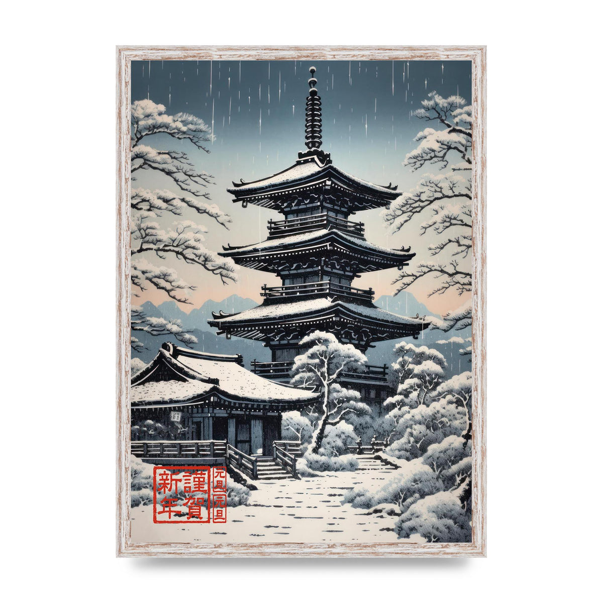 Winter Scene Woodblock Pagoda in Snow