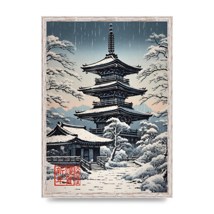 Winter Scene Woodblock Pagoda in Snow