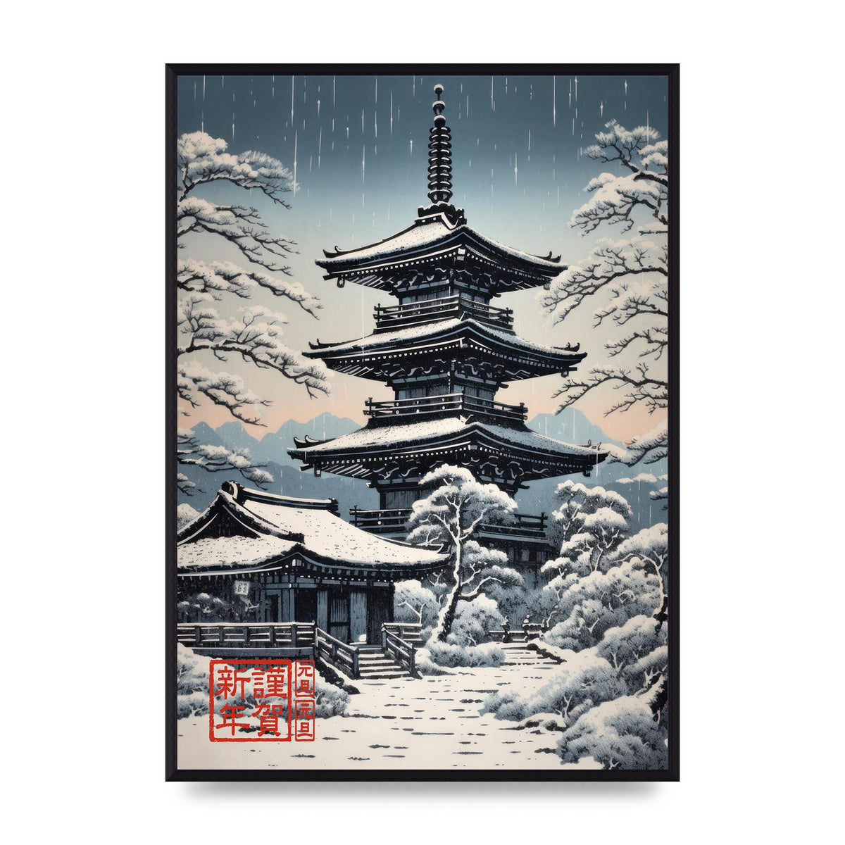 Winter Scene Woodblock Pagoda in Snow