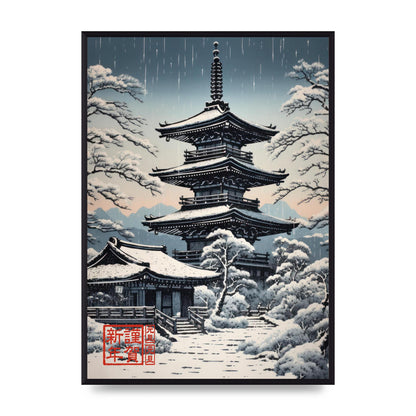 Winter Scene Woodblock Pagoda in Snow