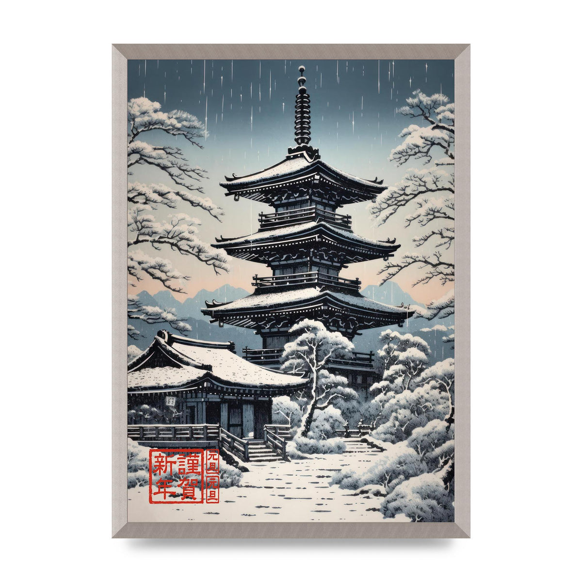 Winter Scene Woodblock Pagoda in Snow