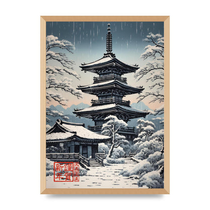 Winter Scene Woodblock Pagoda in Snow